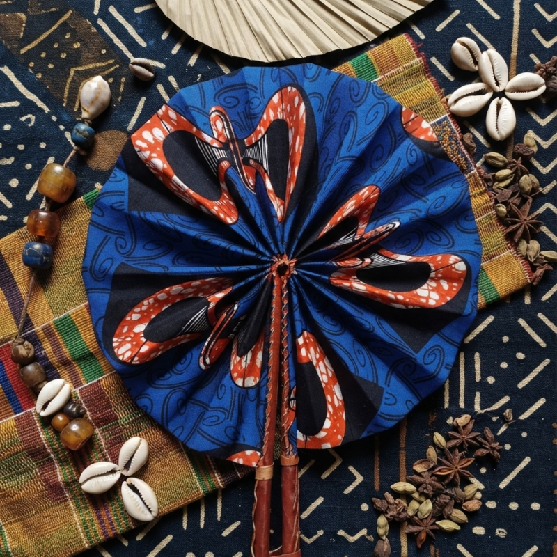 Waxprint and Leather Handfan